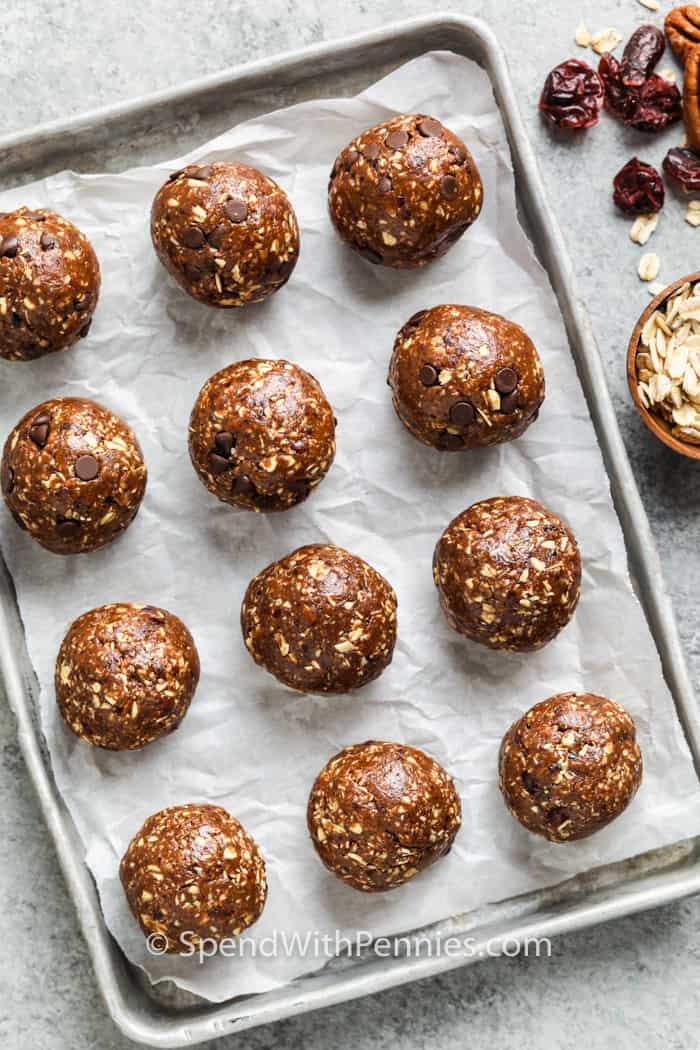 Chocolate Energy Balls on a baking sheet