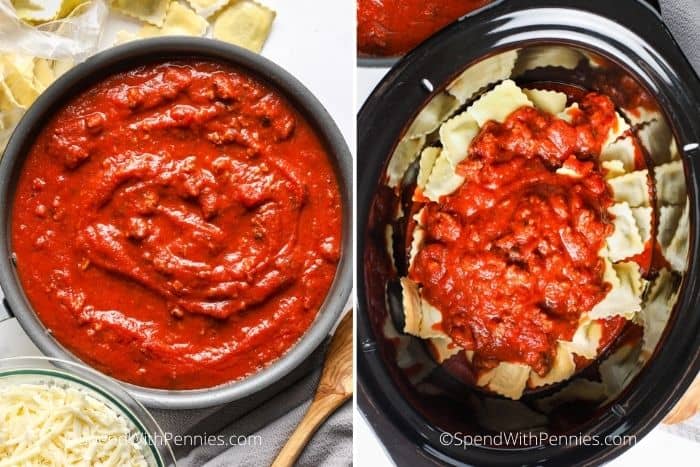 meat sauce in a pan and ravioli with the sauce in a slow cooker