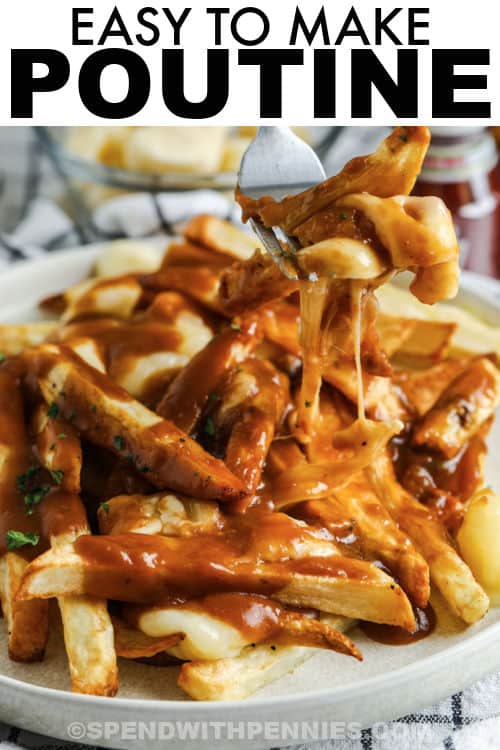 fork full of Poutine with a title