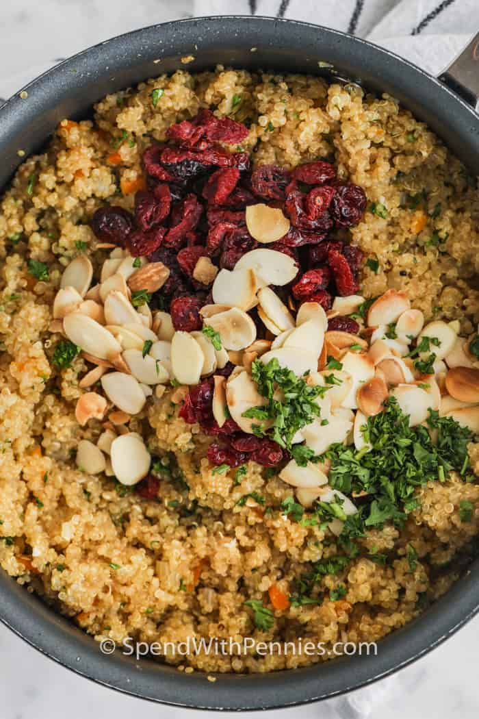 Ingredients for Quinoa Pilaf in a pot before stirring 