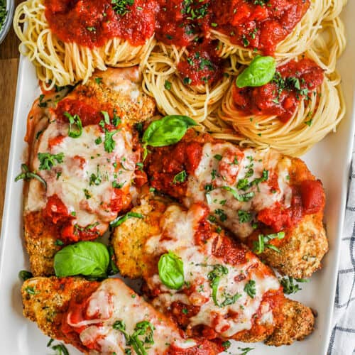 Air Fryer Chicken Parmesan on a plate with spaghetti