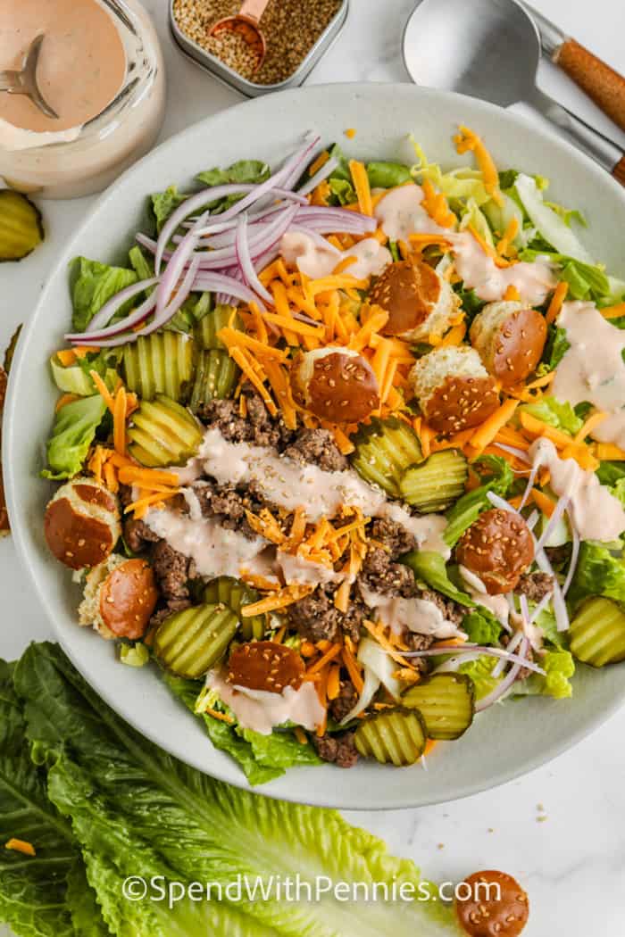top view of plated Big Mac Cheeseburger Salad