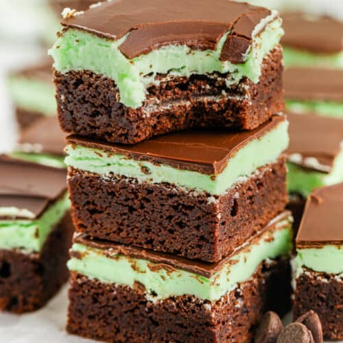Chocolate Mint Brownies with a bite taken out of one