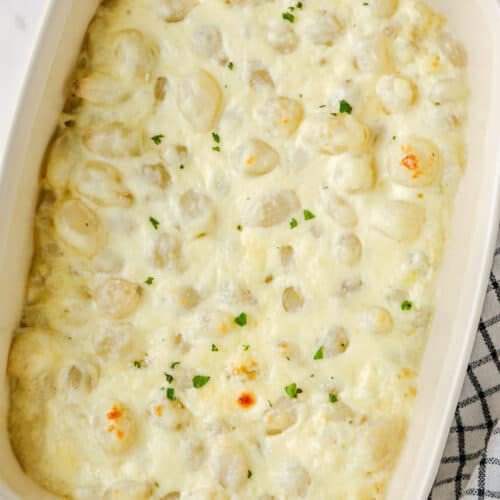 cooked Creamy Pearl Onions in the dish