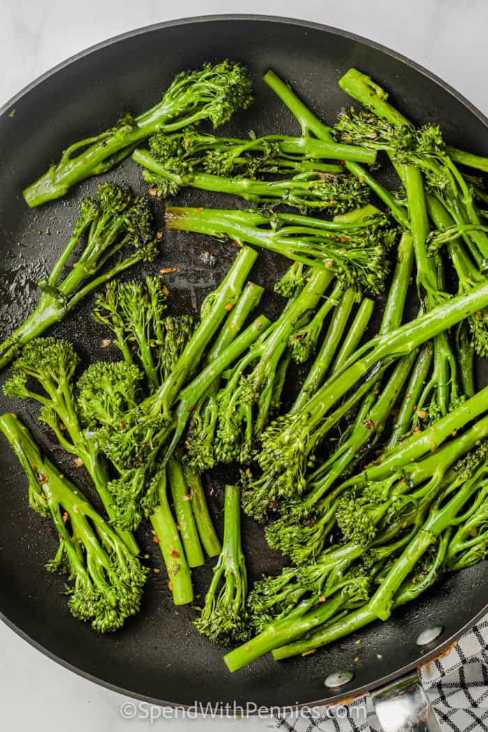 top view of cooked Garlic Broccolini in the pan