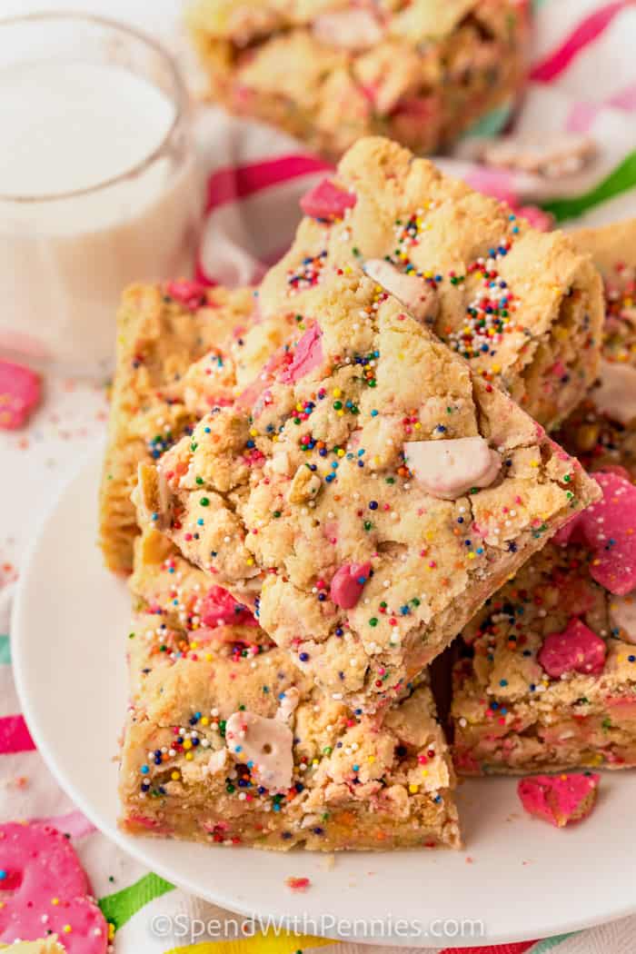 squares of Circus Animal Blondies on a plate