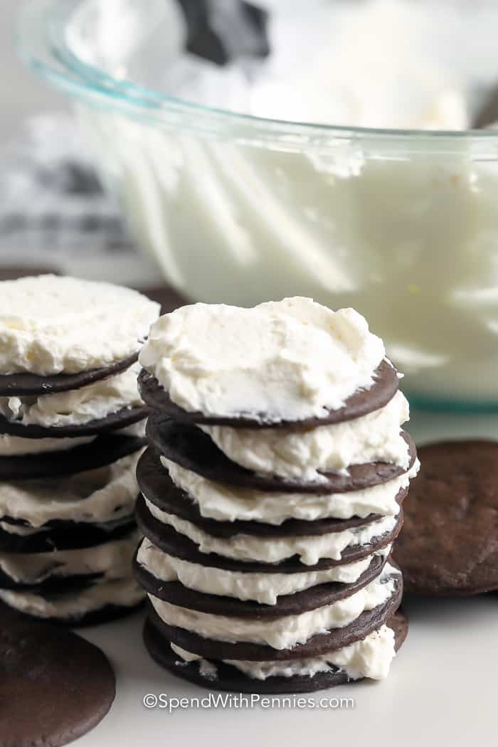 stack of chocolate wafers with icing in between