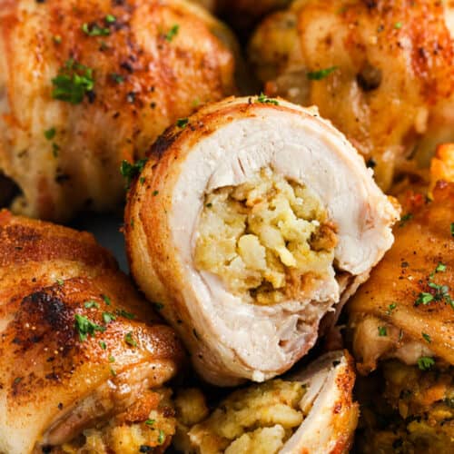 close up of Stuffed Chicken Thighs with Bacon cut in half