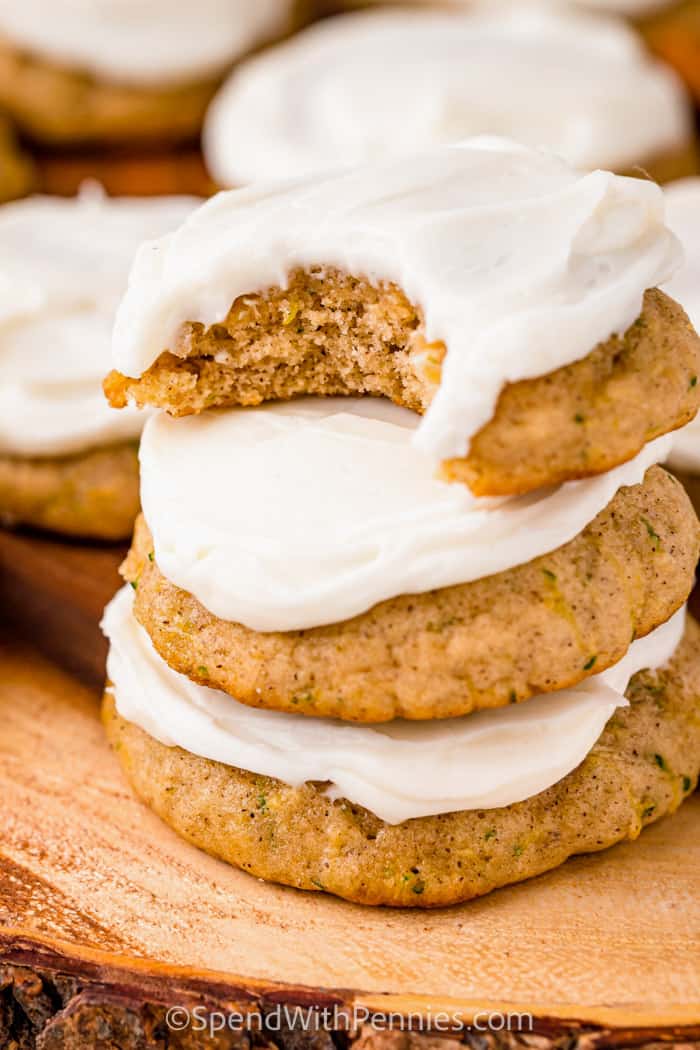 close up of a stack of Zucchini Cookies with a bite taken from the top one