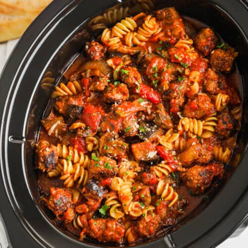 top view of cooked Crock Pot Sausage Pasta in the crock pot