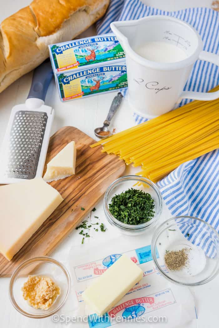 Fettuccine Alfredo ingredients on a table