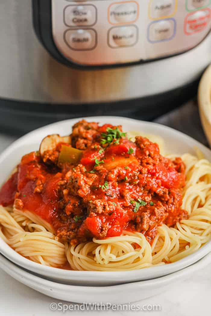 Instant Pot Pasta Sauce on spaghetti