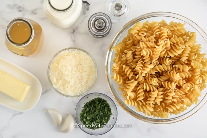 Ingredients assembled to make creamy garlic pasta