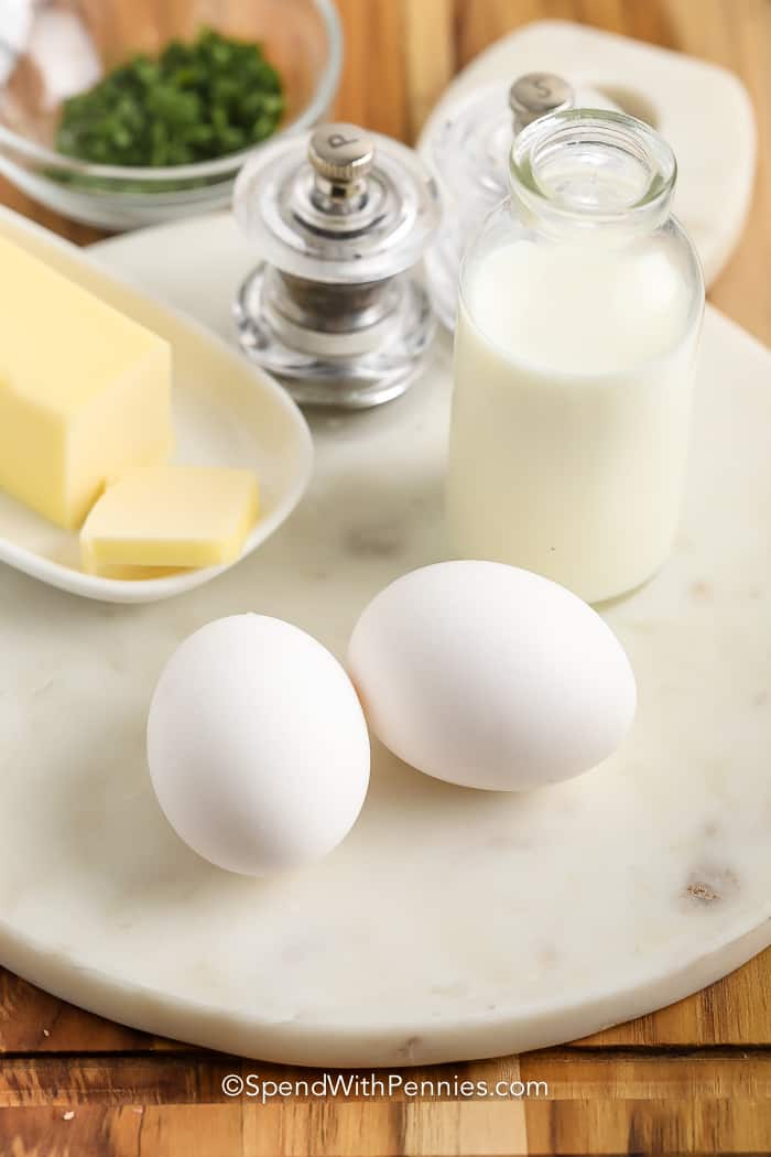 Ingredients assembled to make microwave scrambled eggs