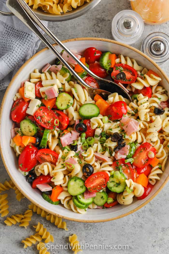 top view of plated Easy Pasta Salad with spoons