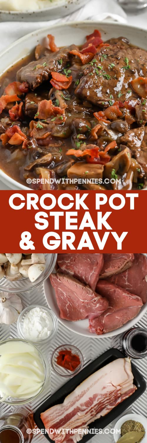 Crockpot Steak and gravy is a deliciously rich & flavorful dish made in the slow cooker. Beef and gravy is so easy to make and pairs perfectly with potatoes, rice, or egg noodles. #spendwithpennies #crockpotsteak #crockpotcubesteaksandgravy #maindish #recipe #steak #gravy #meltinyourmouth #easy #cubed #round