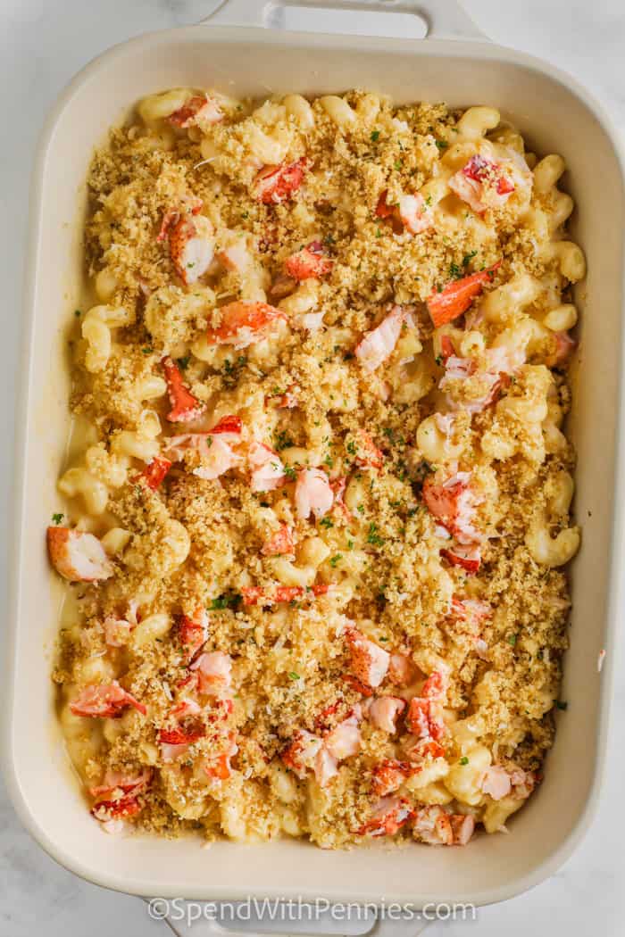 top view of Lobster Mac and Cheese in the dish