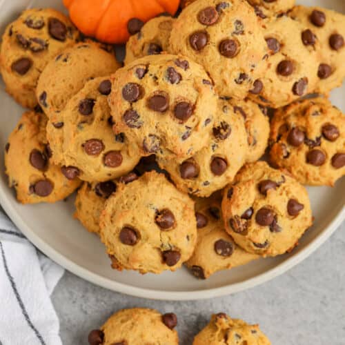top view of Pumpkin Chocolate Chip Cookies on a plate
