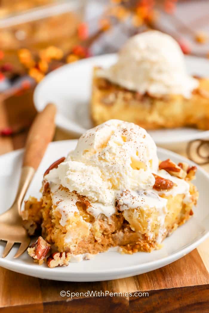 piece of Pumpkin Crunch Cake on a plate with bite taken out