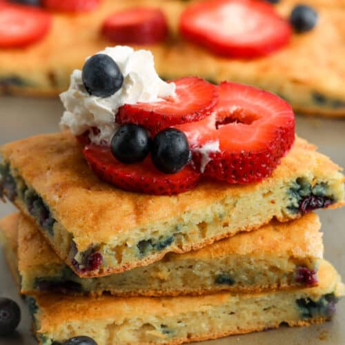 Sheet Pan Pancakes in a stack on a baking sheet