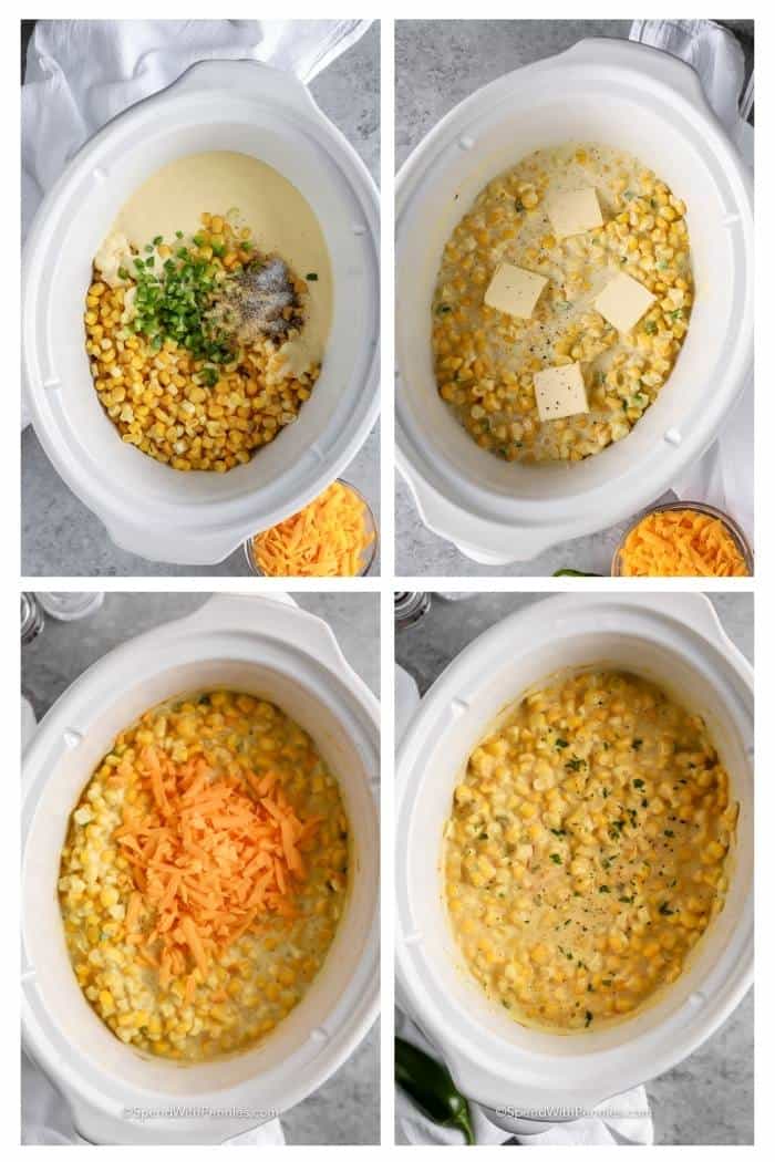 process of adding ingredients to crockpot to make Crock Pot Creamed Corn