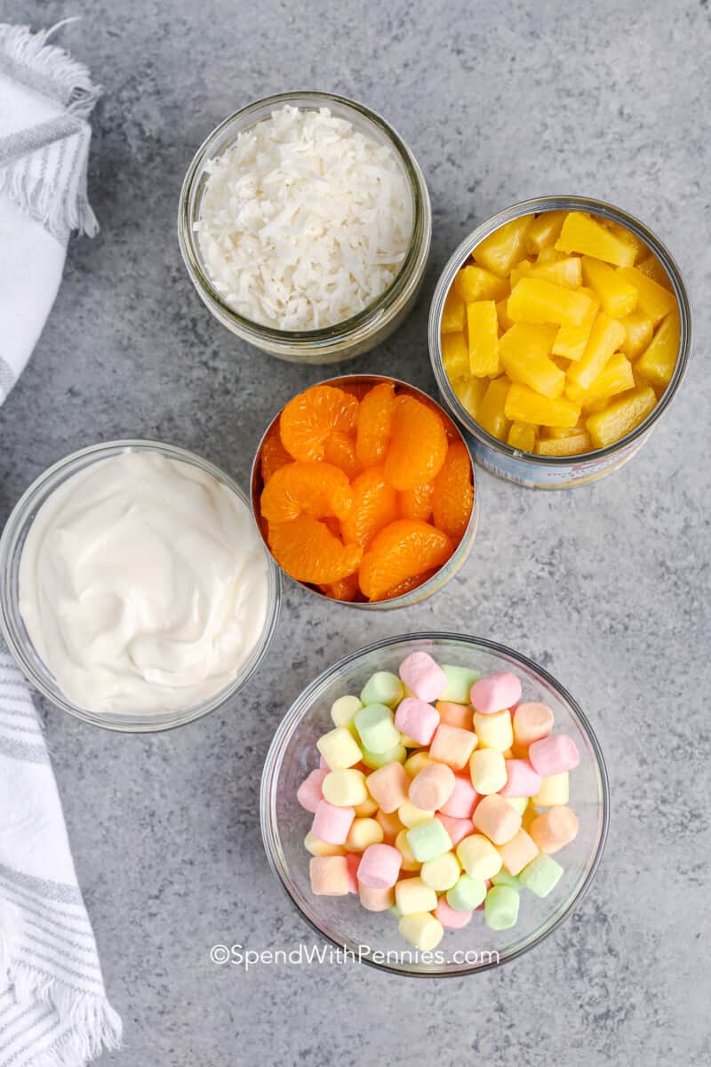 ingredients for ambrosia salad on the counter