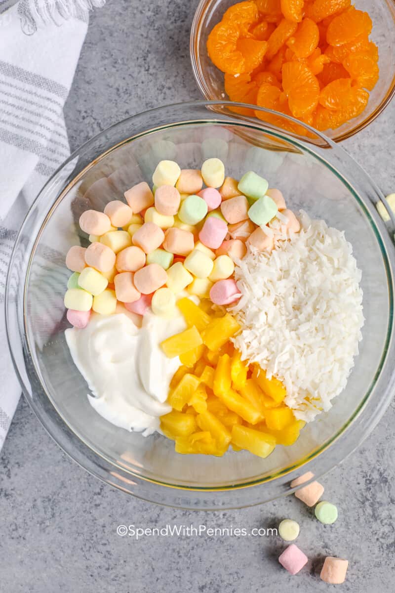 Ambrosia Salad is a holiday dinner staple. Also known as 5-Cup salad, it contains coconut, pineapple, and oranges. Every holiday table needs this sweet & creamy salad, whether it’s served as a side dish or a dessert! #ambrosiasalad #dessert #sidedish #spendwithpennies ingredients for ambrosia salad in a glass bowl