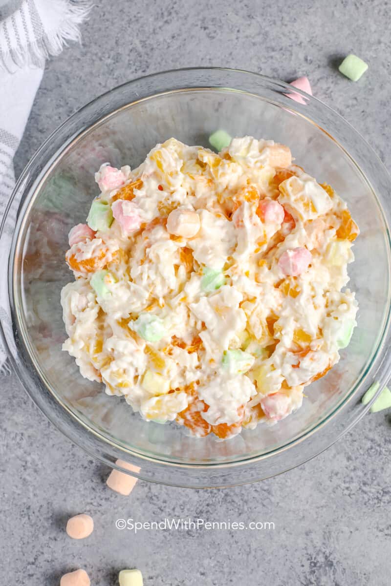 Ambrosia Salad is a staple on any holiday table, we love the combination of coconut, pineapple, oranges, & marshmallows! This salad can be served as a side dish or even as a no-bake dessert! Watch it disappear at the next family gathering! #ambrosiasalad #dessert #sidedish #spendwithpennies Mixed ingredients for ambrosia salad in a bowl