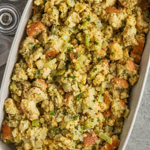 Cornbread Dressing in the casserole dish before cooking