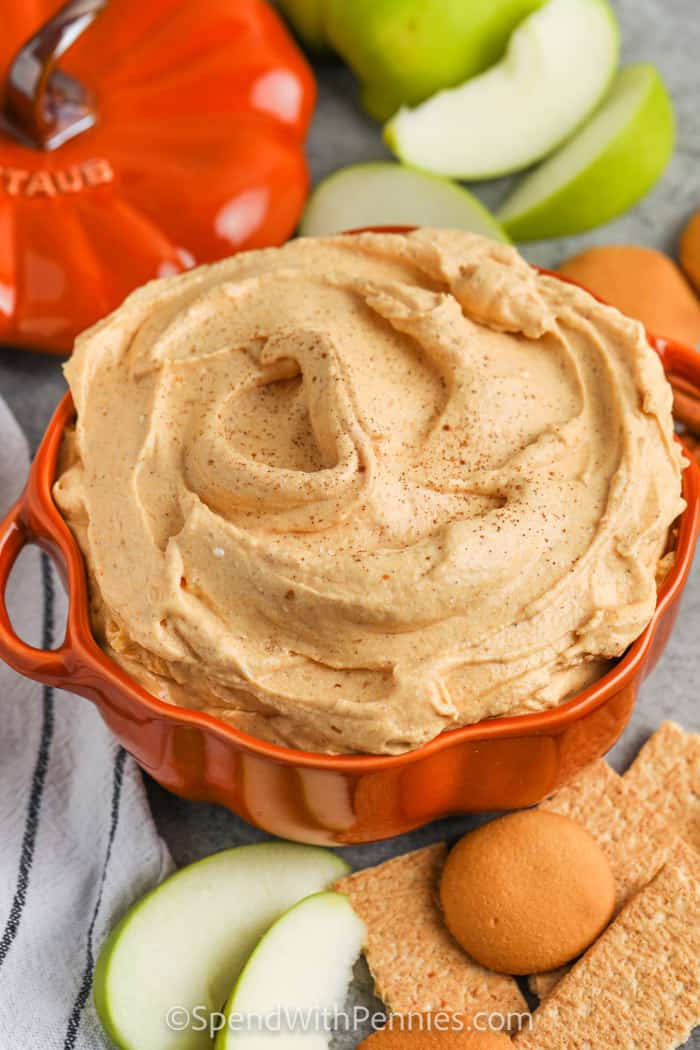 Fluffy Pumpkin Dip in an orange dish