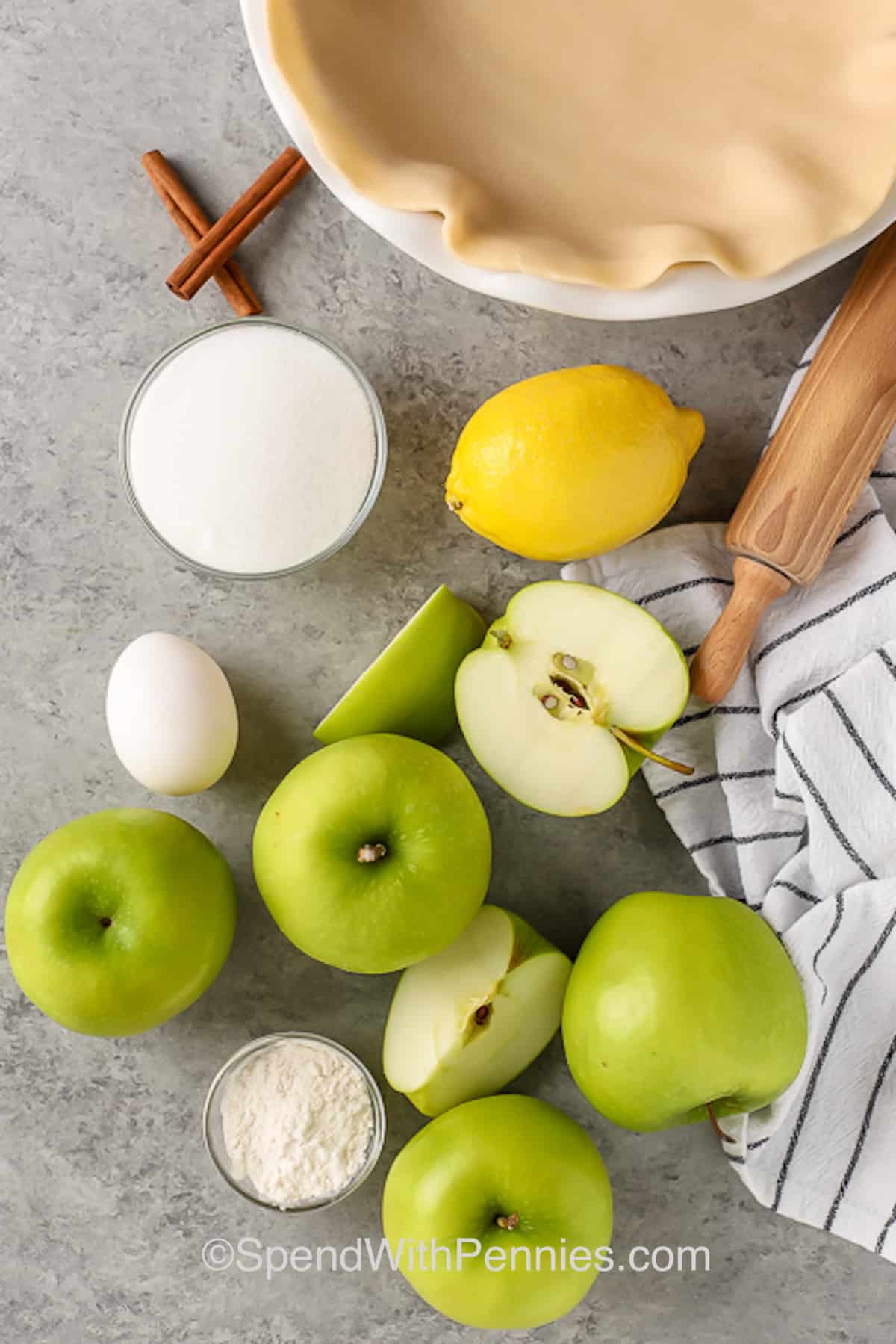 This is a classic pie for good reason! This Apple Pie recipe combines the sweet flavors of tender baked apples with a perfectly flaky pie crust. Bake and enjoy or make ahead of time. This pie freezes well either before or after baking. #applepie #homemade #easy #pie #spendwithpennies ingredients for an apple pie recipe