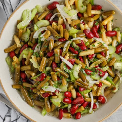 top view of Old Fashioned Bean Salad in a bowl