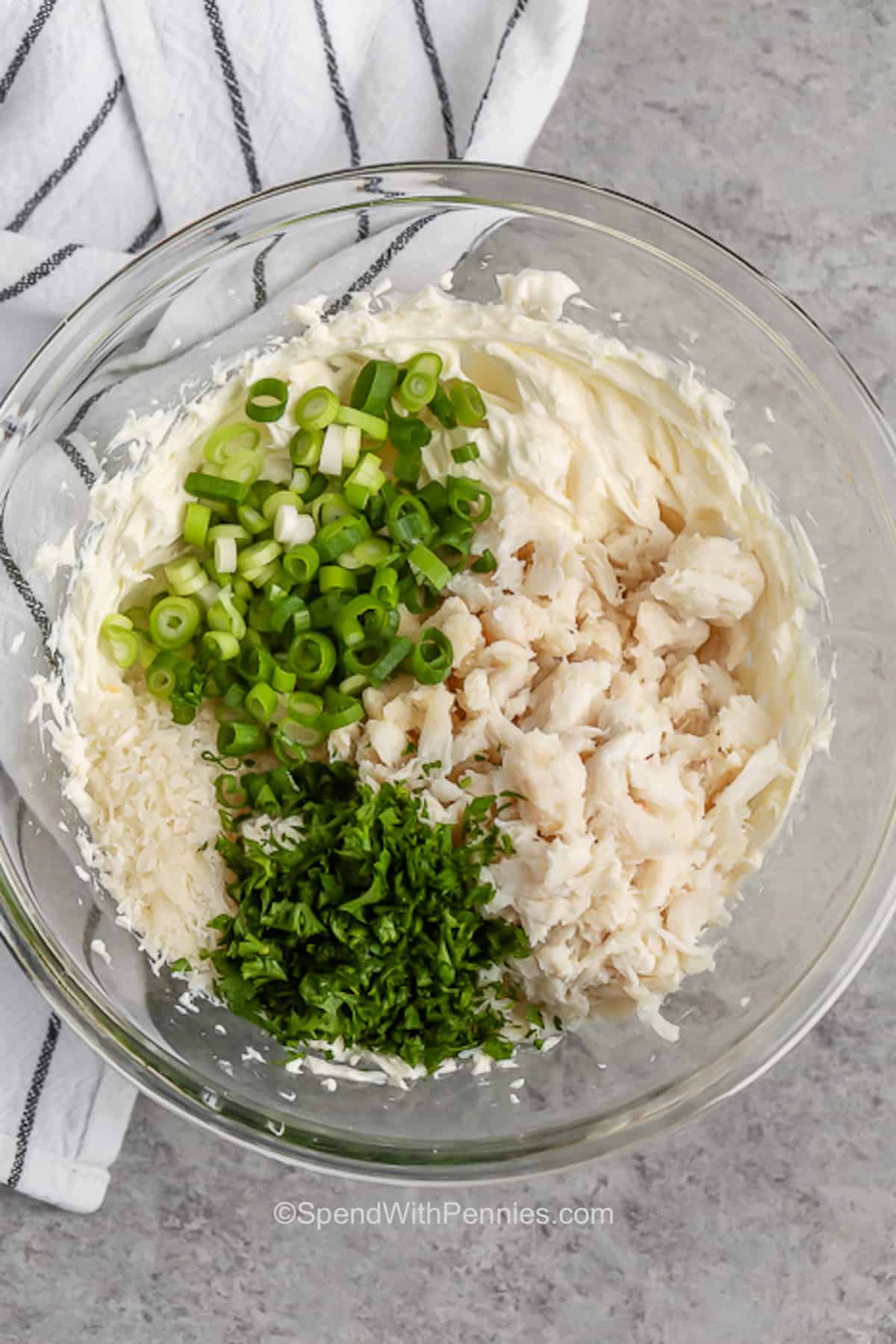 crab filling ingredients in a bowl for stuffing mushrooms 