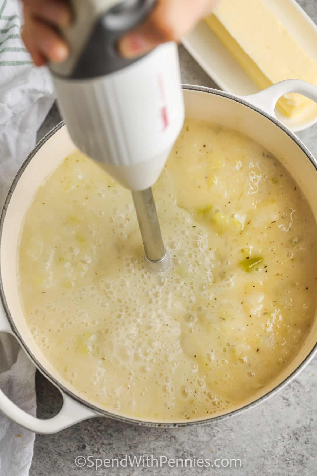 blending Cream of Onion Soup in the pot