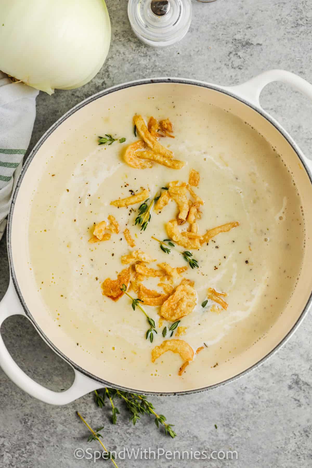 top view of cooked Cream of Onion Soup