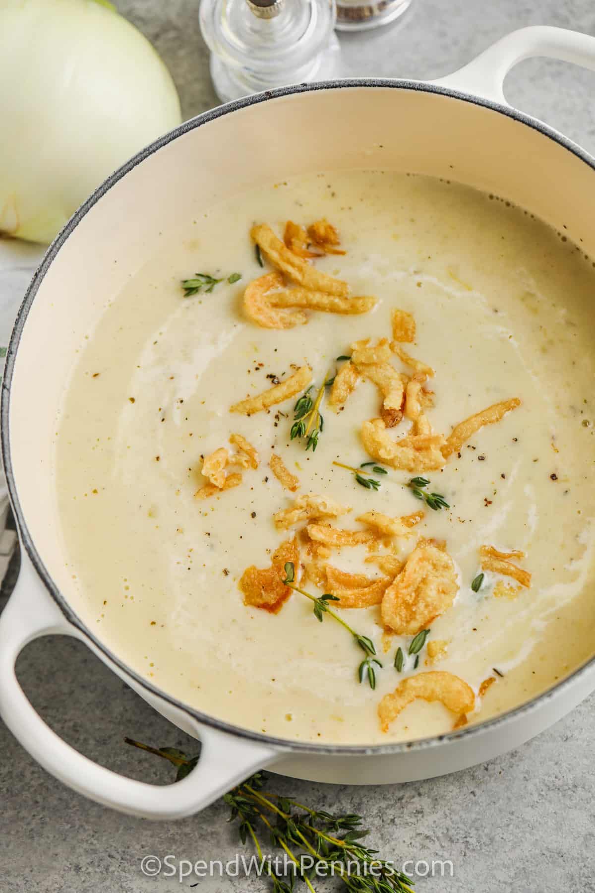 Cream of Onion Soup cooked in a pot