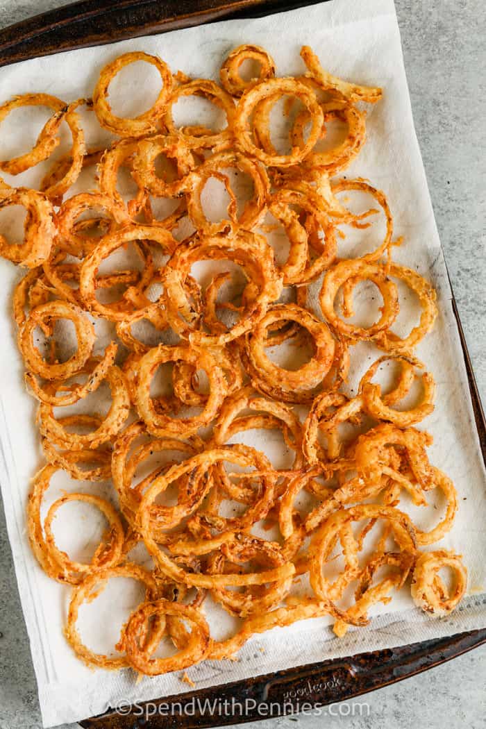 cooked Crispy Fried Onions on a baking sheet