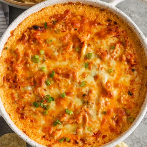 plated Buffalo Ranch Chicken Dip with a bowl of chips