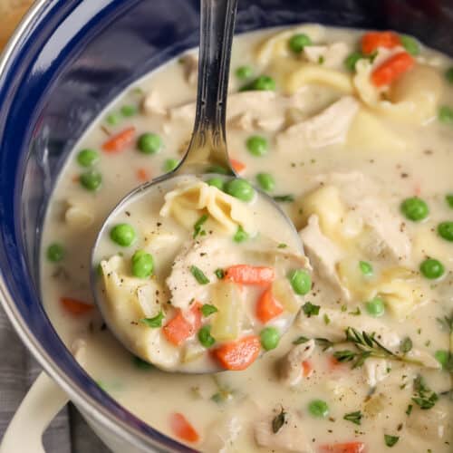 pot of Creamy Chicken Tortellini Soup with a spoon full