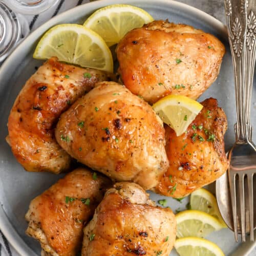 top view of plated Roasted Chicken Thighs