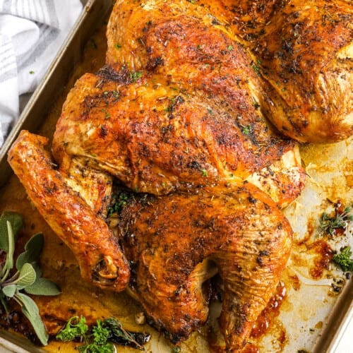 a cooked spatchock turkey on a baking sheet with parsley and sage