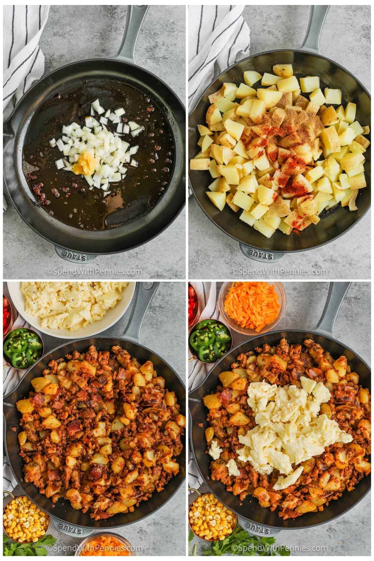 process of adding ingredients to pan to make Chorizo Hash