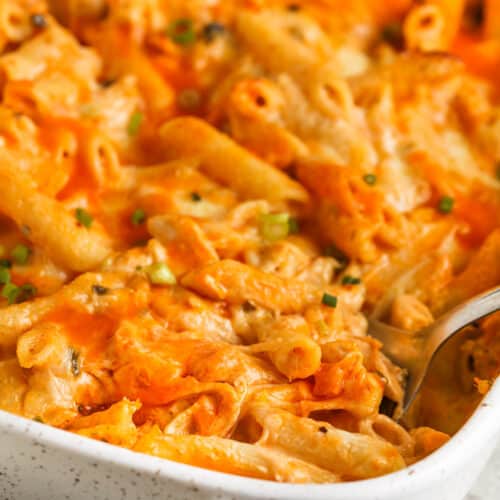 Buffalo Ranch Pasta Bake in the pan with a spoon
