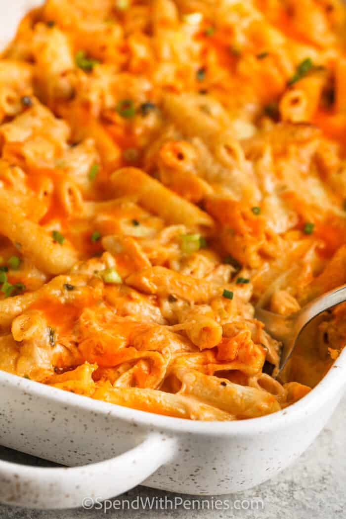 Buffalo Ranch Pasta Bake in the pan with a spoon
