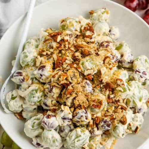 top view of Grape Salad in a bowl with a spoon