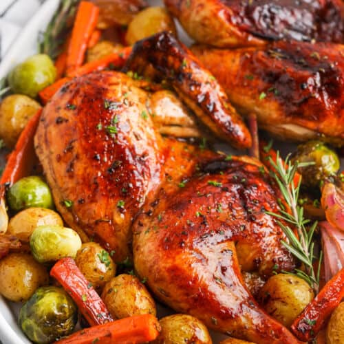close up of Roasted Balsamic Chicken with potatoes