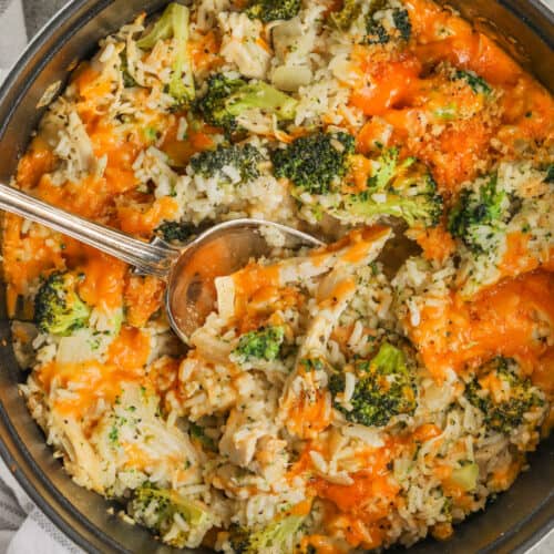 Chicken Broccoli Rice filling being scooped from a pot