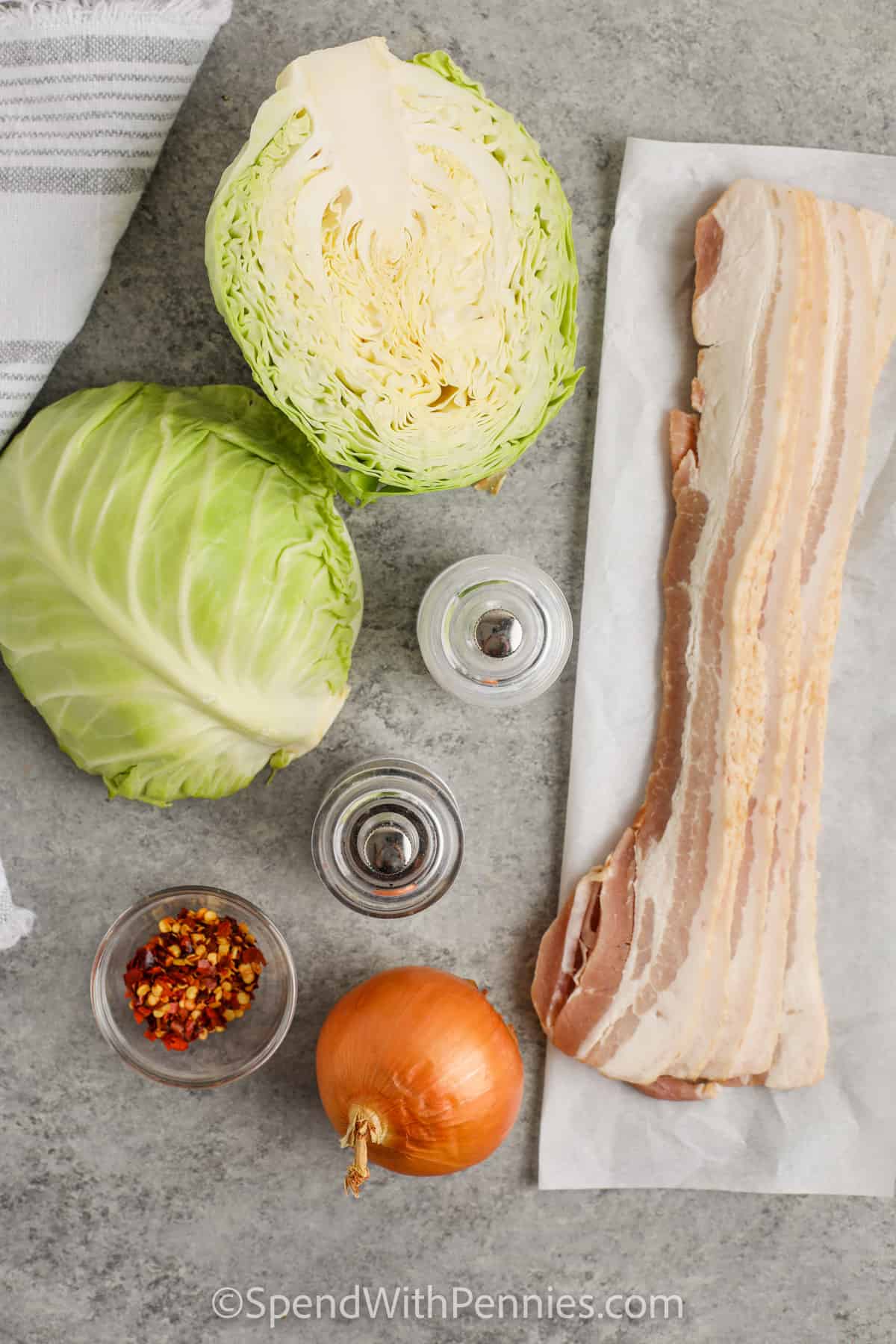 Fried Cabbage with bacon is classic southern comfort food. Stir in some chicken, sausage, or beef with rice to make a full entree, or have it with simple onion as a side dish recipe. Chinese noodles taste great with Napa cabbage and pork. The options are endless for variations on this easy keto favorite! #friedcabbage #withbaconandonion #recipeseasy #spendwithpennies ingredients to make Fried Cabbage