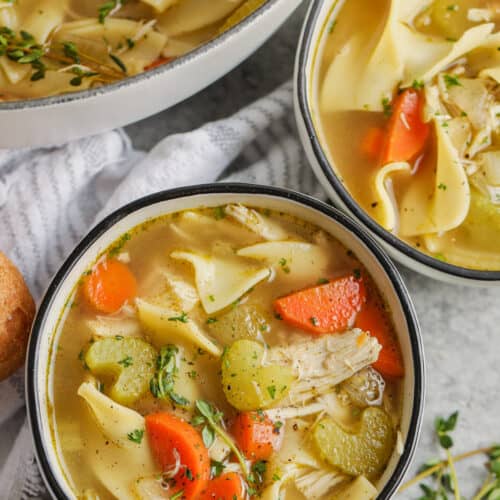 top view of plated Homemade Chicken Noodle Soup