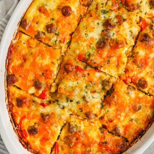 Sausage Breakfast Casserole sliced in a casserole dish